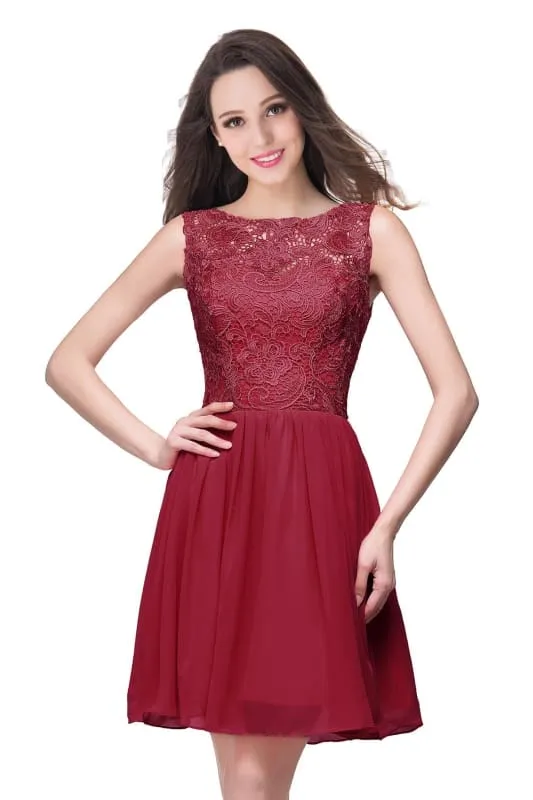 Stylish Scoop Neck Chiffon Short Homecoming Dress Sleeveless Floral Lace Mini Party Dress