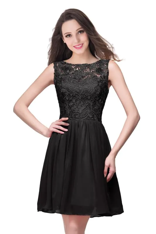 Stylish Scoop Neck Chiffon Short Homecoming Dress Sleeveless Floral Lace Mini Party Dress