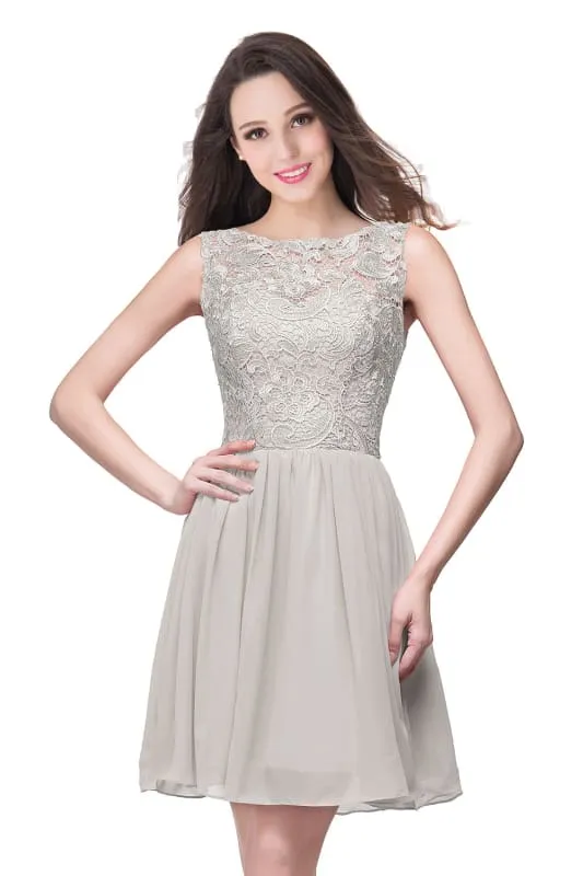 Stylish Scoop Neck Chiffon Short Homecoming Dress Sleeveless Floral Lace Mini Party Dress