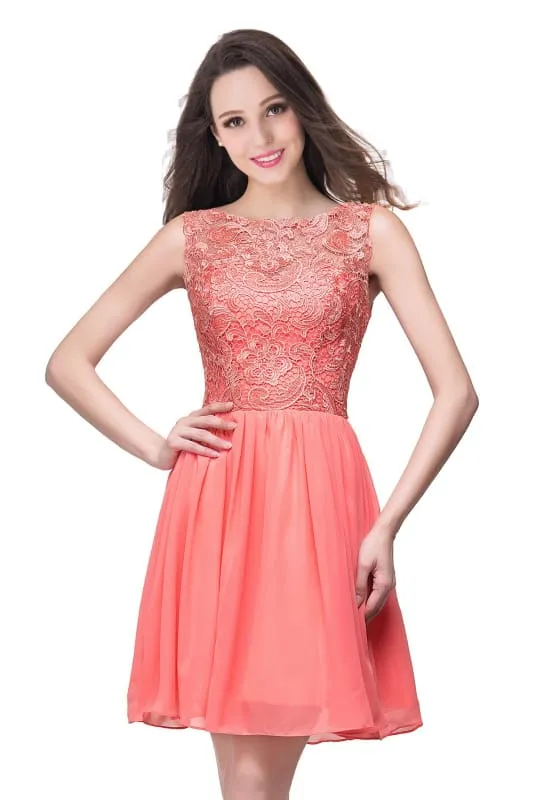 Stylish Scoop Neck Chiffon Short Homecoming Dress Sleeveless Floral Lace Mini Party Dress