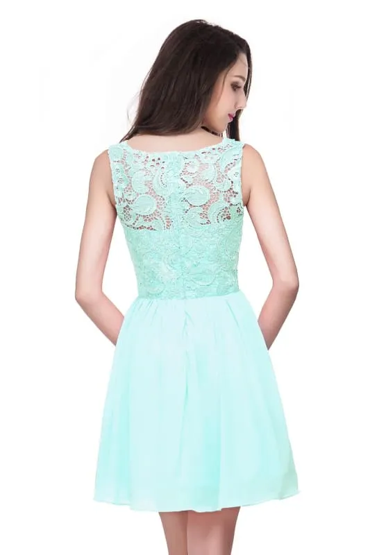 Stylish Scoop Neck Chiffon Short Homecoming Dress Sleeveless Floral Lace Mini Party Dress