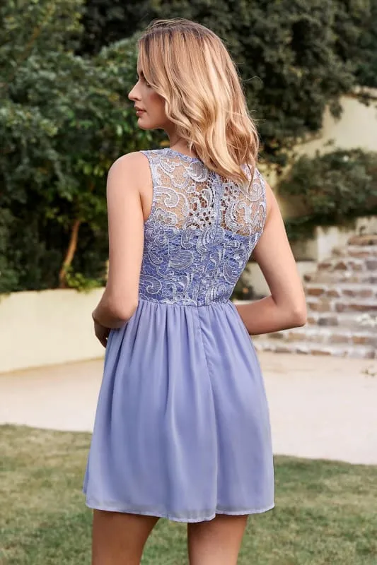 Stylish Scoop Neck Chiffon Short Homecoming Dress Sleeveless Floral Lace Mini Party Dress