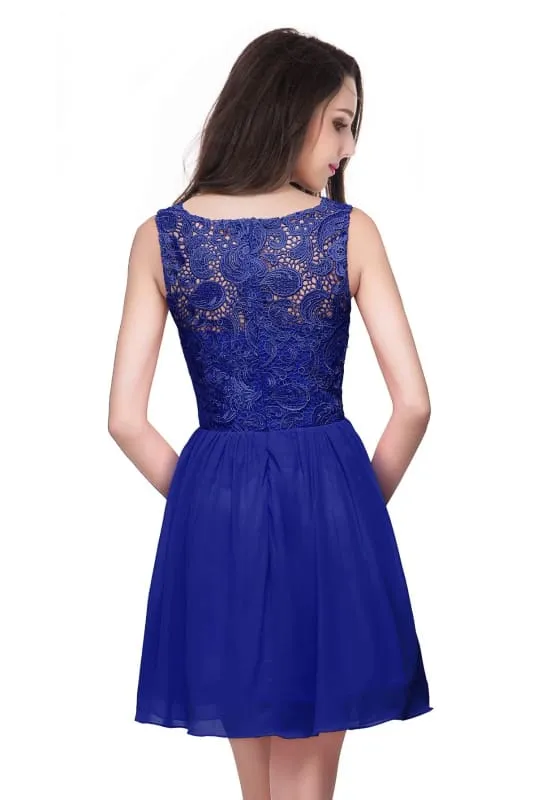 Stylish Scoop Neck Chiffon Short Homecoming Dress Sleeveless Floral Lace Mini Party Dress