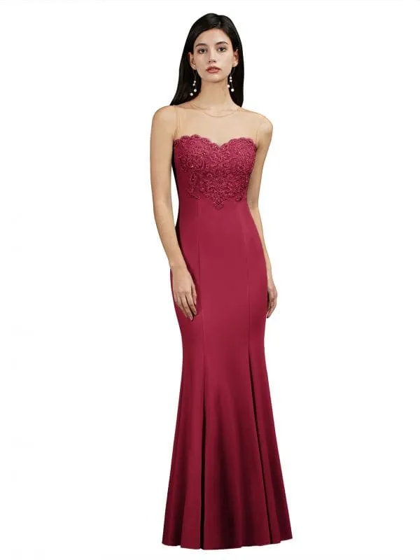 Sweetheart Mermaid Evening Dress Crew Neck Lace Appliques Trumpet Bridesmaid Dress Sleeveless
