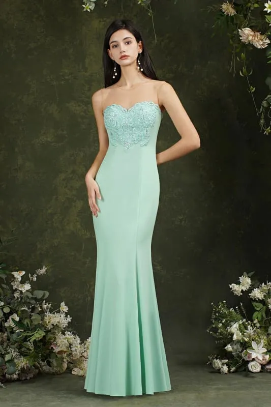 Sweetheart Mermaid Evening Dress Crew Neck Lace Appliques Trumpet Bridesmaid Dress Sleeveless