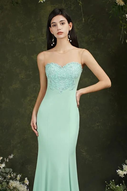 Sweetheart Mermaid Evening Dress Crew Neck Lace Appliques Trumpet Bridesmaid Dress Sleeveless