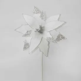 Velvet Glitter Poinsettia Stem 22" - White/Silver